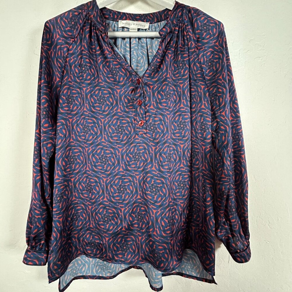 Lesley Evers Women's Long Sleeve Floral Top Popover Button Up Purple Size Medium